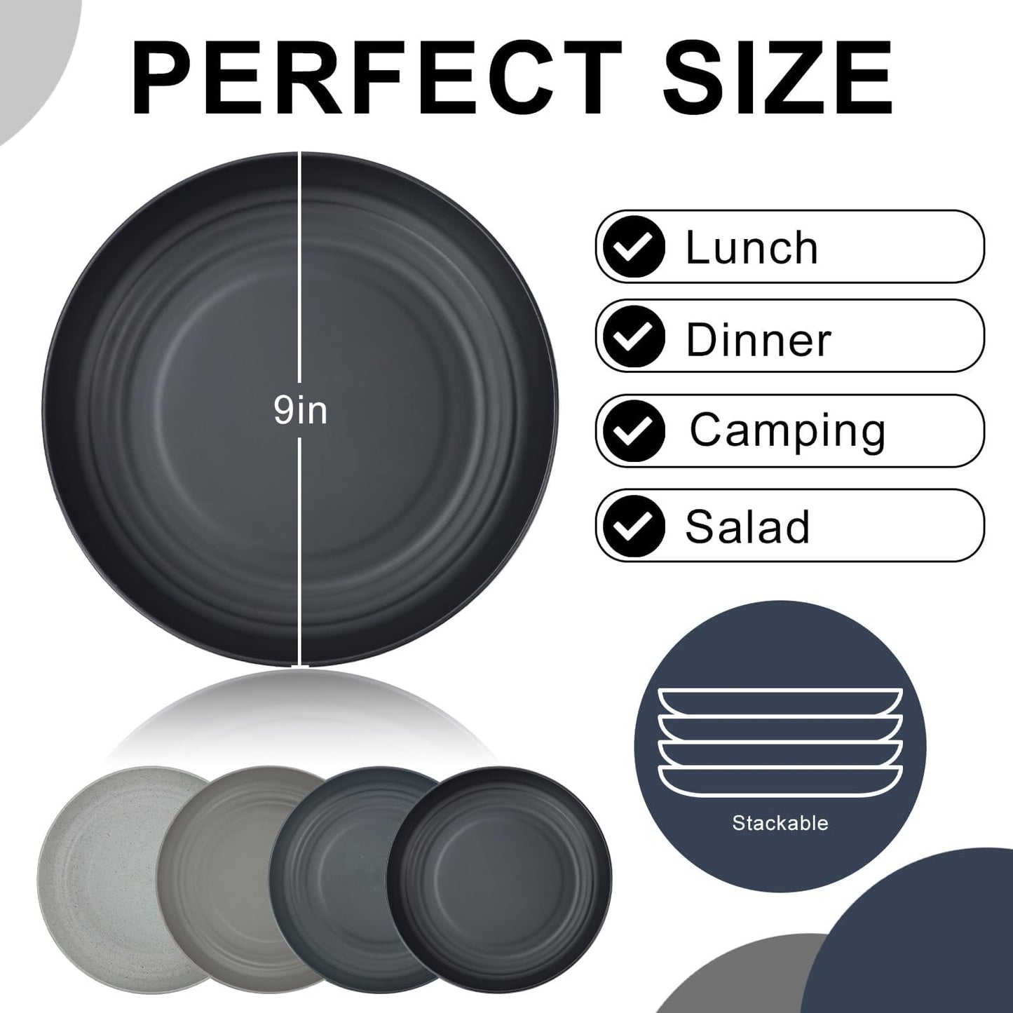 Wheat Straw Plates 9 Inch, Unbreakable Plastic Plates Reusable, Dinner Plates Set of 8, Lightweight Kitchen Plate, Dishwasher & Microwave Safe Plate for Outdoor, Camping, Picnic(Black, Grey)