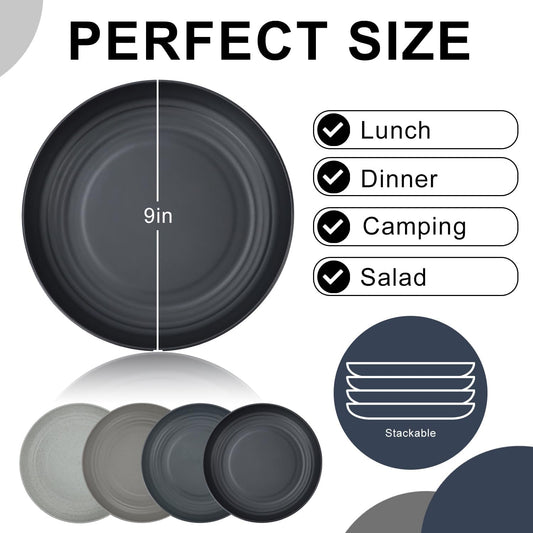 Wheat Straw Plates 9 Inch, Unbreakable Plastic Plates Reusable, Dinner Plates Set of 8, Lightweight Kitchen Plate, Dishwasher & Microwave Safe Plate for Outdoor, Camping, Picnic(Black, Grey)