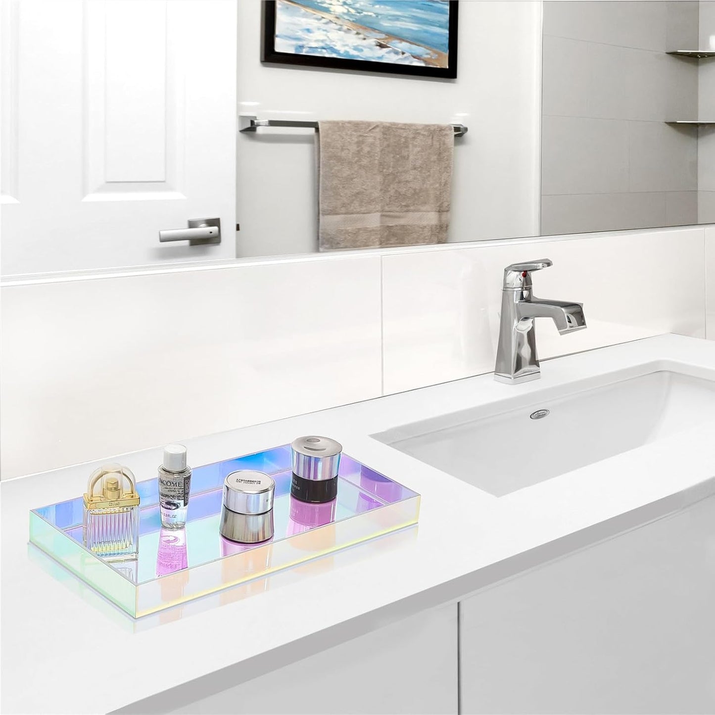 ROYALITA Acrylic Tray Bathroom Tray for Countertop, Guest Towel Holder Tray for Napkin Perfume Jewelry Makeup, Vanity Trays for Soap Dispenser, Aromatherapy, Cup & Candle, Iridescent