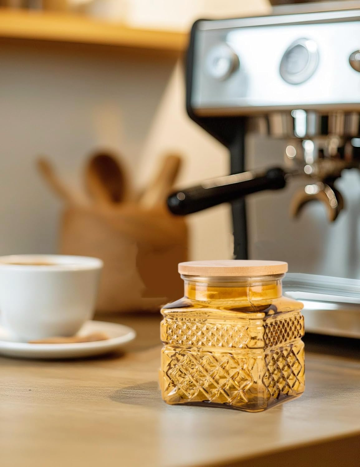 Glass Storage Canister with Airtight Lids, 20.3 oz Candy Jar Cute Jar for Ground Coffee, Tea Bag, Snacks Vintage Decorative Glass Jars for Coffee Bar Kitchen Counter Table