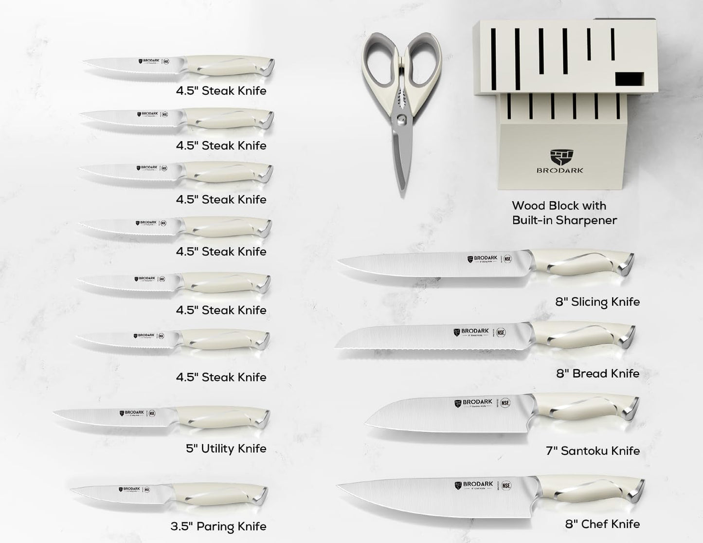 BRODARK Kitchen Knife Sets with Block and Built-in Sharpener - 15 Pcs Full Tang Professional Chef Knife Set - NSF Certified Food Grade Stainless Steel Cutlery Set - Ivory Series