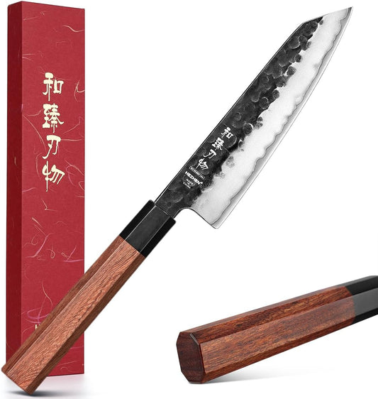 HEZHEN Kiritsuke Knife, 5.8 Inches Small Chef Knife, 3 Layers High Carbon Clad Steel, Composite Forging Steel Paring Knife, Redwood Octagonal Handle