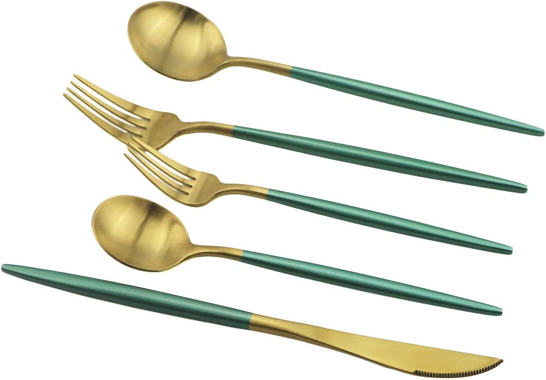 JASHII Silverware Sets, 5-Piece Green Flatware 18/10 Stainless Steel Heavy Weight Forged Cutlery Eating Utensils Forks Spoons Knives Set Tableware Service for 1 Matte Finished (Green & Gold)