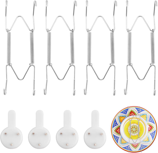 4 Pack Plate Hangers for The Wall Suitable for 6-8 inch Small Decorative Plate, Invisible Stainless Steel Plate Hangers for Display with Wall Hooks, for Plates/Platter/Dish/Picture(Silver)