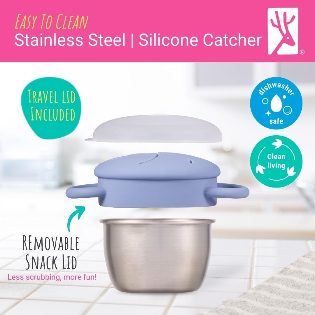 Elk and Friends Stainless Steel Snack Cups | Removable Silicone Food Catcher and Travel Lid | Spill-Proof Snack Containers for Baby, Toddler, Kids | Dishwasher Safe | 2 Pack