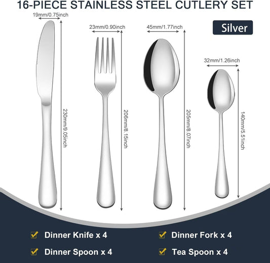 Silverware Cutlery Set for 4, Premium Stainless Steel 16Pieces Flatware Set,Tableware Utensils Set Including Knife/Fork/Spoon for Home/Restaurant, Mirror Polished, Dishwasher Safe(Silver/16Pieces)