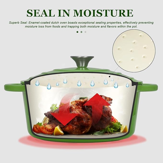 Overmont Enameled Cast Iron Dutch Oven - 5.5QT Pot with Lid Cookbook & Cotton Potholders - Heavy-Duty Cookware for Braising, Stews, Roasting, Bread Baking Green