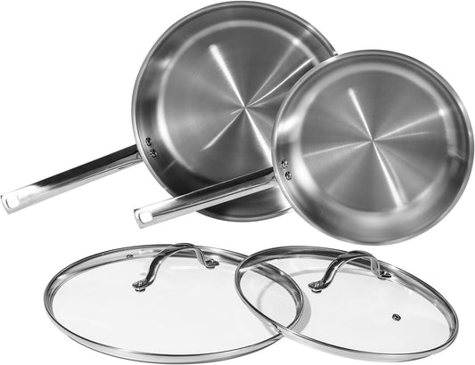 DELUXE Stainless Steel Frying Pan Set 4-Pieces, 10" and12 Skillet with Lid and Stay-Cool Handle, PFOA Free Stainless Steel Pan Suitable with Induction Gas Stoves, Dishwasher&Oven Safe