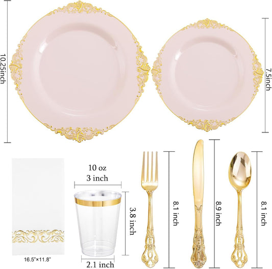 YOUBET 700PCS Pink Plastic Plates - Pink and Gold Plates - Luxury Pinks Plastic Dinnerware Set Include 200 Pinks Disposable Plates, 300 Heavy Duty Silverware, 100 Cups, 100 Napkins for Wedding & Party