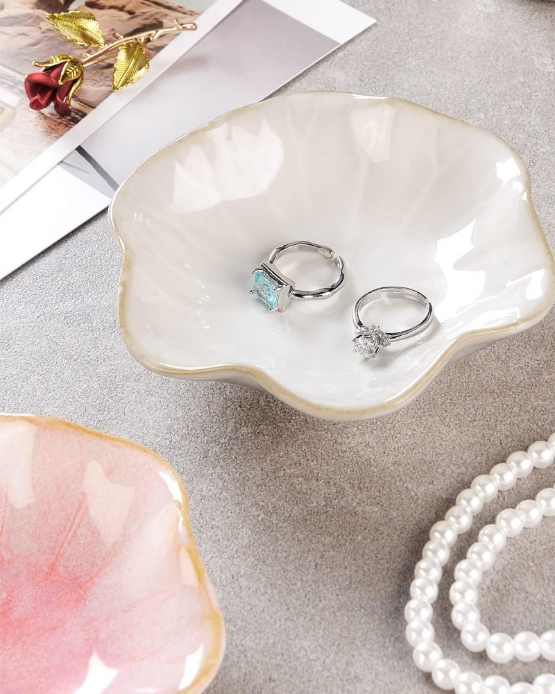 2PCS White Lotus Leaf Shape Ring Holder Dish, Small Key Bowl, Ceramic Trinket Tray Jewelry Dish Organizing Necklace Earrings for Mom Friend Sister, All Jewelries Are NOT Included, White.