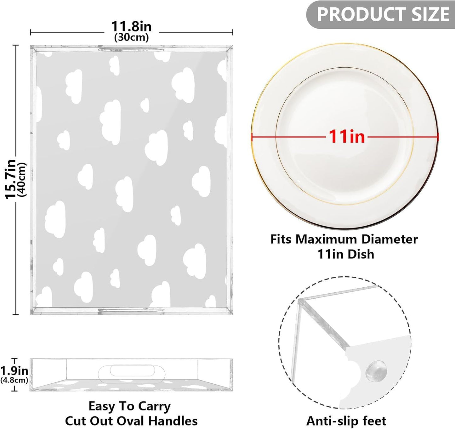 Acrylic Serving Tray with Handles Spill Proof Kitchen Storage Tray Clear Decorative Tray Makeup Drawer Organizer Storage Tray for Bathroom Living Room Ottoman 15.7x11.8Inches