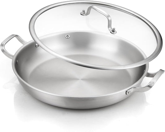 DELARLO 13 Inch Tri-Ply Stainless Steel Paella Pan With Lid, Big Frying Pan, kitchen Induction Large Skillets,Great for Paella Parties Indoors Outdoors,Heavy Duty Style
