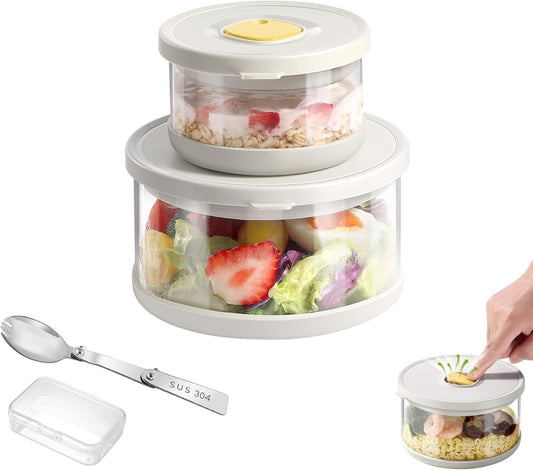 Glass Food Storage Containers with Airtight Lids, 33.8oz & 11.8oz High-Borosilicate Glass Meal Prep Containers with Spork, Bento Lunch Boxes for Salad, Ramen, Soup, Fruit - 2 Pack, White
