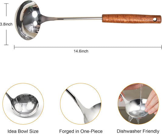 FJNATINH Soup Ladle, Food Grade Stainless Steel Ladle, Cooking Soup Spoon Kitchen Tools with Heat Resistant Wooden Handle, 13.7 Inches