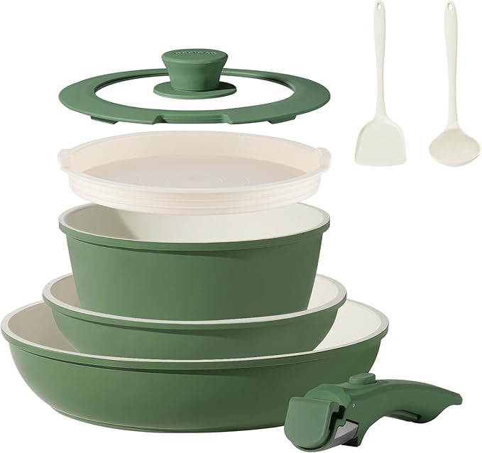8PCS Ceramic Cookware,Nonstick Ceramic Pan, Removable Handle Pots and Pans Set, Stackable Set, Nonstick Pan Pots and Pans Set Non Stick pot (Green)