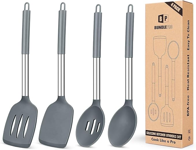 Pack of 4 Silicone Cooking Utensils Set, Non Stick Large Solid Spatulas, Heat Resistant Gray Slotted Spoons, Ideal BPA Free Kitchen Turners for Frying, Mixing,Serving,Draining,Turning,Stirring