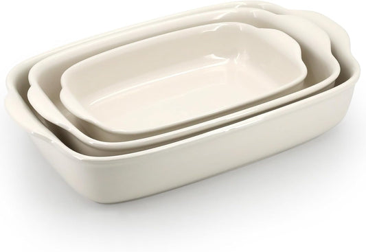 3-Pack Ceramic Baking Dishes Set,Heavy-Duty Oven-Safe Stoneware,Deep Rectangular Casserole Pans for Lasagna & Baking,High Heat Resistant,Handcrafted Glazed Finish (13.8''/12''/9.6'' Pure Off-White)