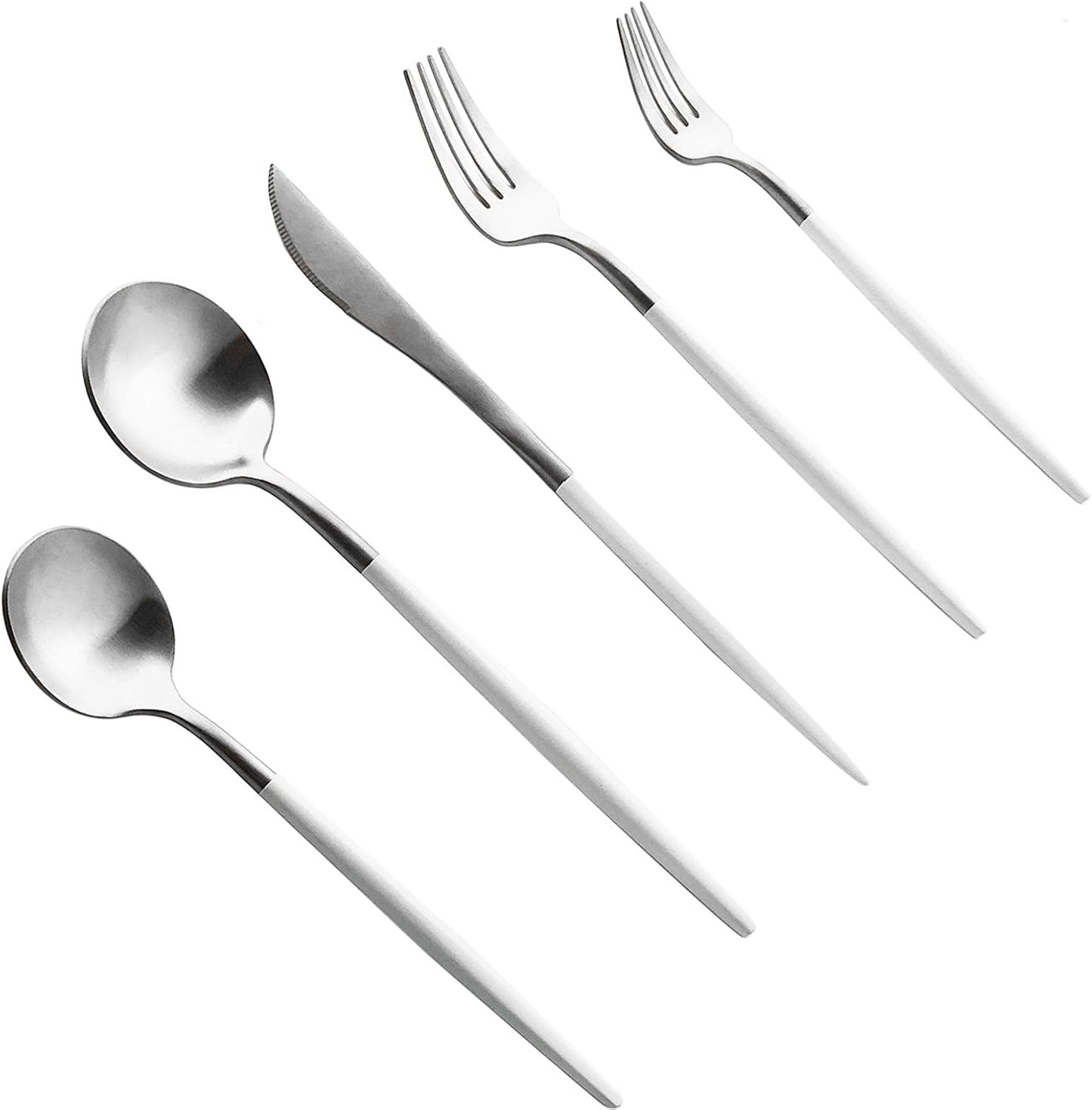 Matte Silverware Set, 20-Piece 18/10 Stainless Steel Satin Finish Flatware Set Service for 4, Kitchen Utensil Set, Tableware Cutlery Set for Home Restaurant (White Handle Silver, 20-Piece)