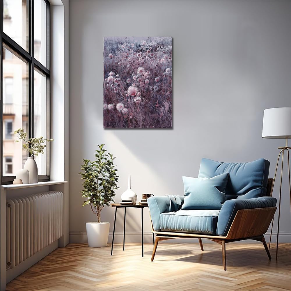 Sense&Sensitivity Arts - Abstract Purple & White Dandelion Field Canvas Wall Art 32" x 24" Modern Floral Landscape Prints Wall Decor for Bathroom, Bedroom, Living Room, Kitchen & Office