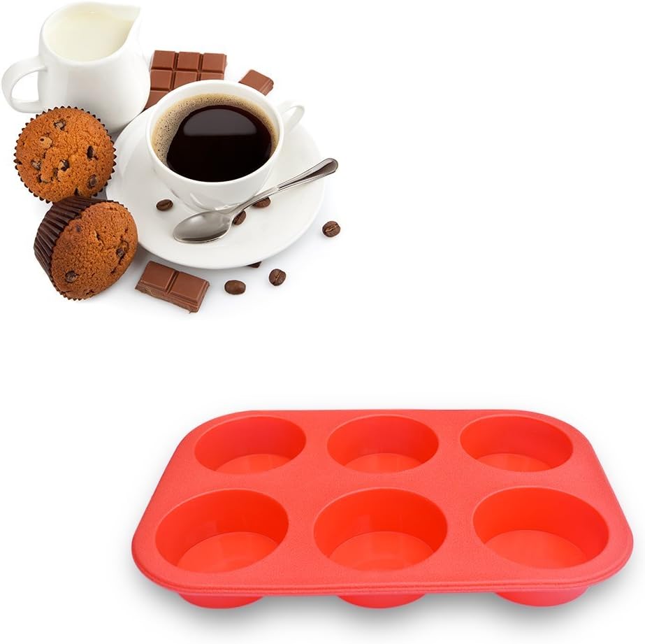 homEdge 6-Cup Silicone Muffin Pan, Pack of 2 Non-Stick Muffin Cupcake Molds-Blue and Red