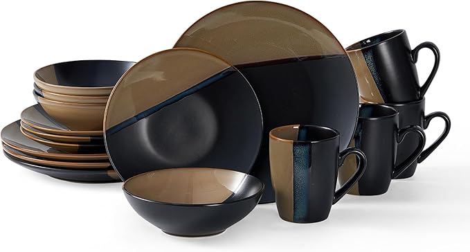 Beston Stoneware Dinnerware Sets Service for 4, 16 pcs Reactive Glaze Plates and Bowls Sets, Handmade Ceramic Dish Set, Highly Chip and Crack Resistant Modern Plate Set, Brown and Black
