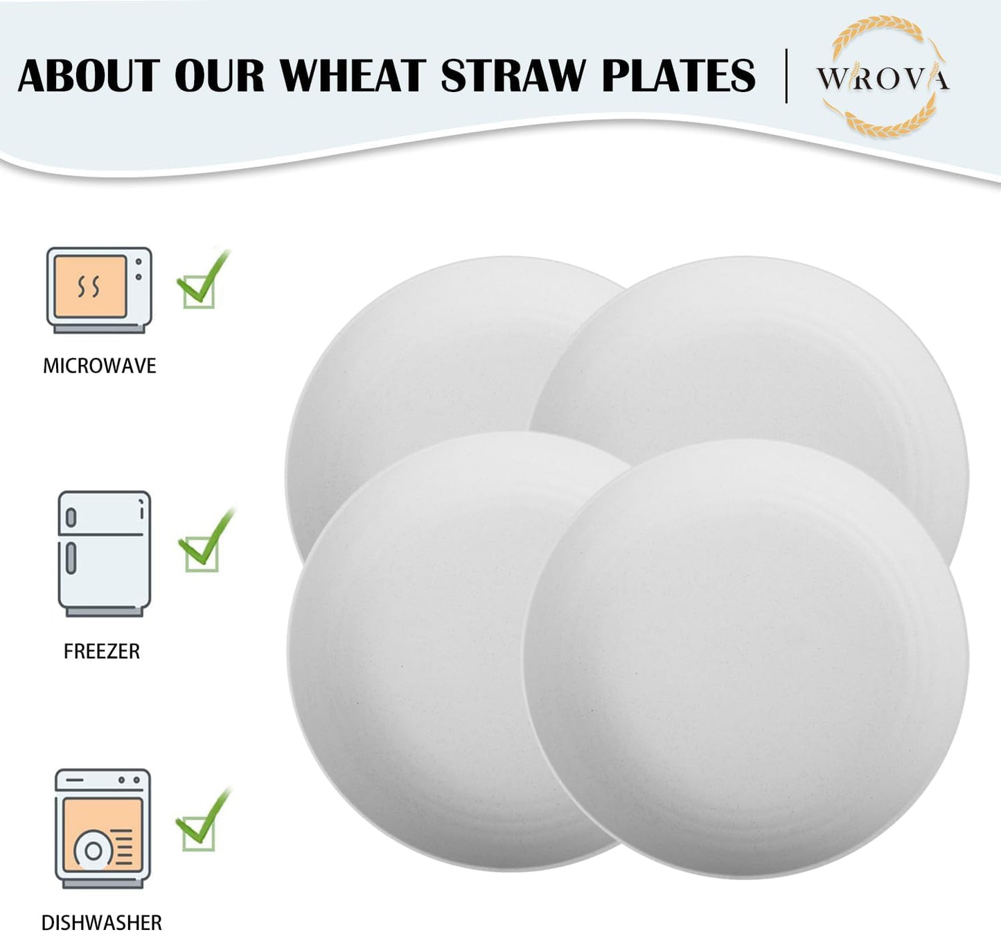 Wrova Wheat Straw Plates - 10 Inch Unbreakable Dinner Plates Set of 8 - Dishwasher & Microwave Safe Plastic Plates Reusable for kitchen and camping (White)