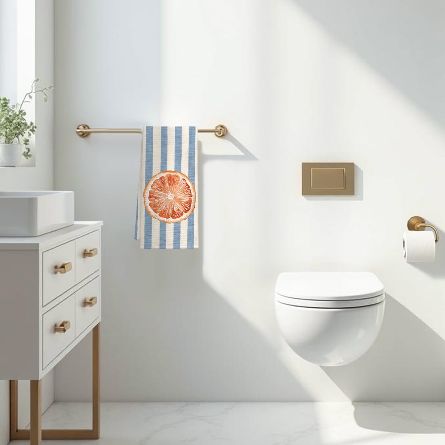 Grapefruit Fruit Kitchen Towels, Blue and White Striped Grapefruit Dish Tea Towel for Kitchen Decor, Fruit Lover Gifts Decorative Hand Towels for Bathroom, 16x24 Inch