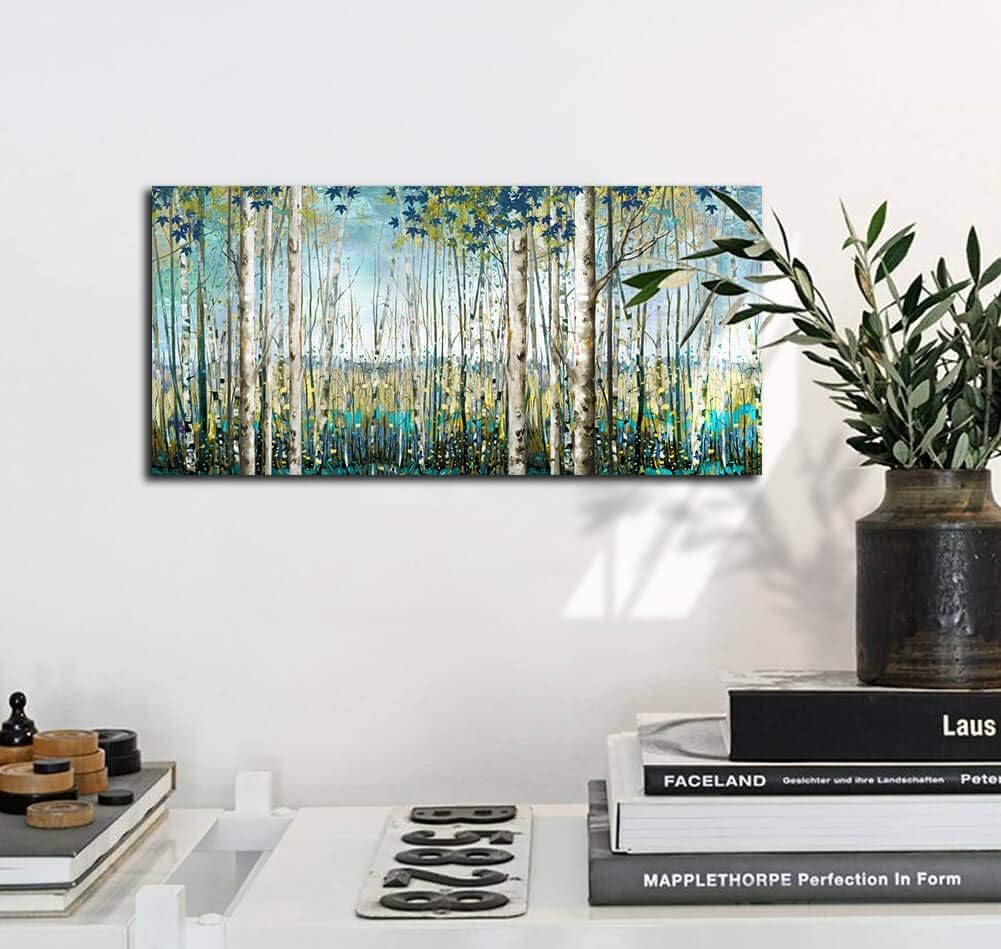 Pogusmavi Large Framed Birch Tree Canvas Wall Art Nature Painting for Home Decor | Teal Artwork for Living Room, Bedroom, and Office Pictures for Living Room 24×48IN