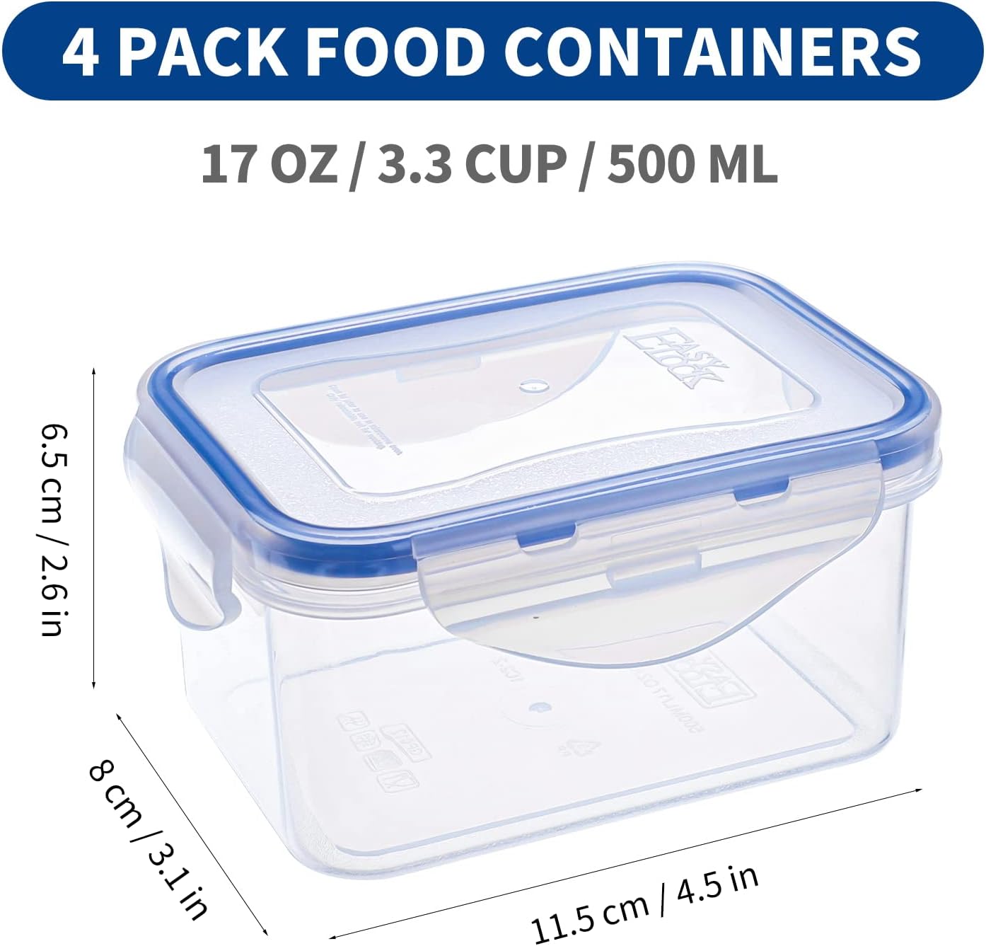 KIGI 4 Pack 17oz Rectangle Plastic Storage Containers Set for Food Airtight 500ML Meal Prep Containers Kitchen Storage Organizer
