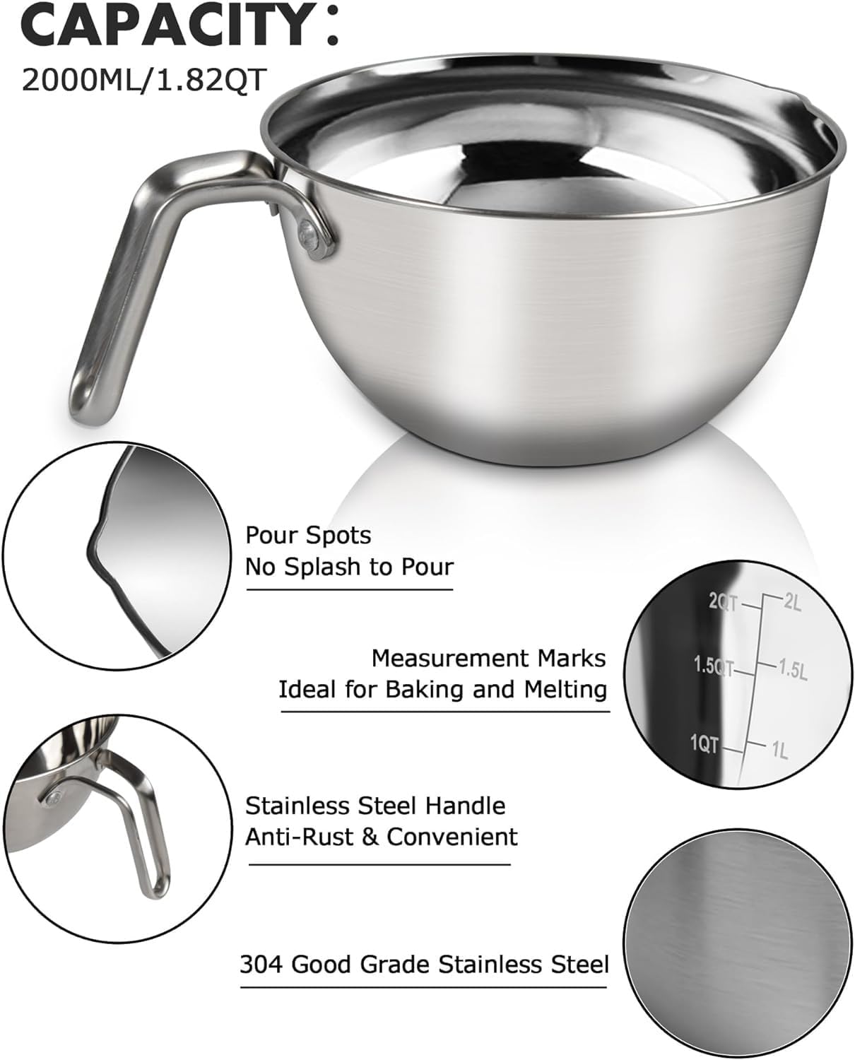 Marsheepy Double Boiler Pot Set,2000ML/1.8QT Mixing Bowl for Chocolate Melting, 2800ML/ 2.54QT 304 Stainless Steel Pot With Silicone Spatula for Melting Chocolate, Candy, Candle, Soap, Wax