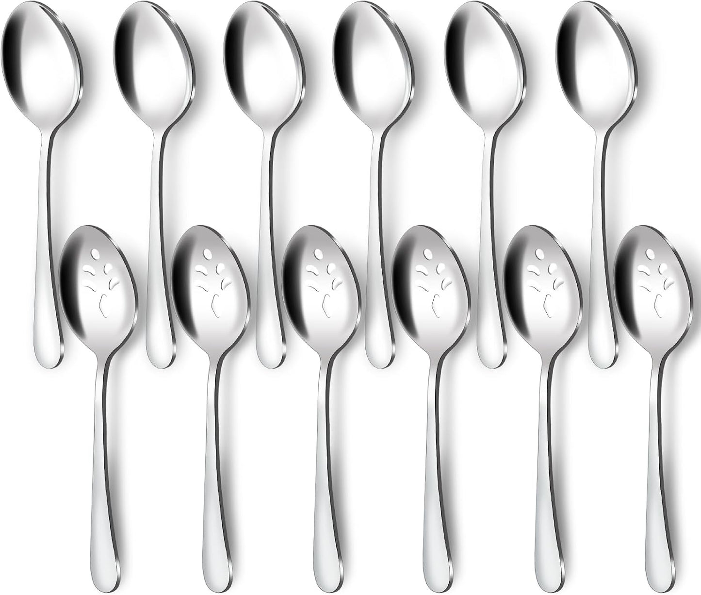 BEWOS 12-Piece Serving Spoons Set, 6 Serving Spoon and 6 Slotted Spoons, 9.1-Inch Utensils Set for Parties, Stainless Steel, Dishwasher Safe, Large Spoon For Buffet