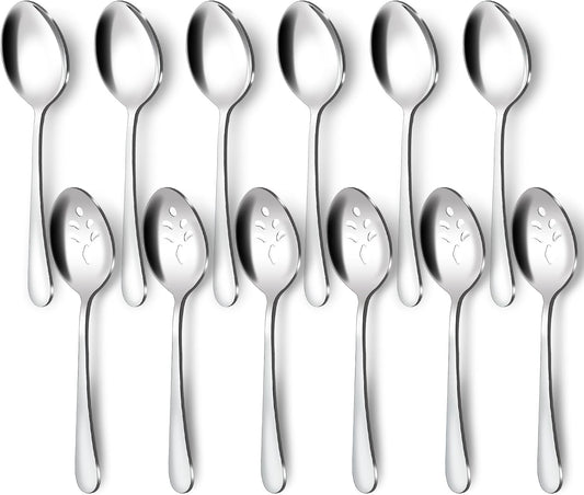 BEWOS 12-Piece Serving Spoons Set, 6 Serving Spoon and 6 Slotted Spoons, 9.1-Inch Utensils Set for Parties, Stainless Steel, Dishwasher Safe, Large Spoon For Buffet