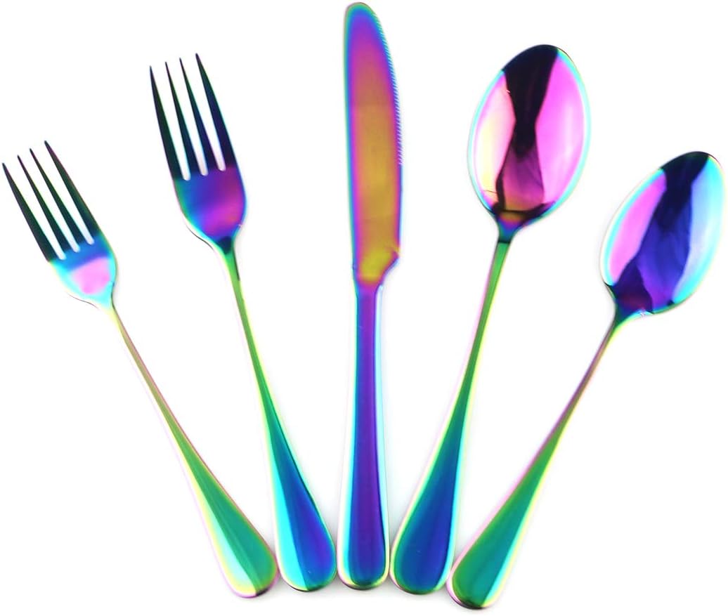 Gugrida 19 Pcs Mirror Polished Reusable Utensils Vitalt Eco-Friendly Stainless Steel Rainbow Flatware Dinnerware Set, Shiny Cutlery Knife Fork Spoon Fruit Fork Set & 1x Cake shovel, Service for 3