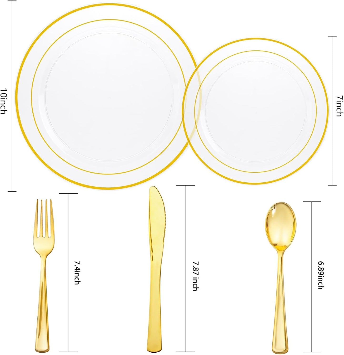I00000 600Pcs Clear Gold Plastic Plates for 100 Guests, Plastic Dinnerware Set of 100 Gold Disposable Plates, 100 Dessert Plates, 200 Forks, 100 Knives and 100 Spoons Perfect for Party & Wedding