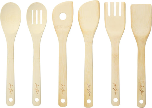 Wooden Spoons & Spatulas 6-Piece Bamboo Kitchen Utensil Set - Natural Material Scraper & Strainer Cooking Tools