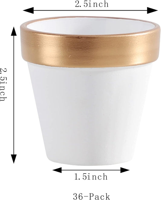 36 PCS Small Mini White&Gold Clay Pots with Drainage Holes,2.5inch Terra Cotta Pot Clay Ceramic Pottery Planter,Succulent Nursery Pot/Cactus Plant Pot,for Indoor/Outdoor Plants, Crafts, Wedding Favor