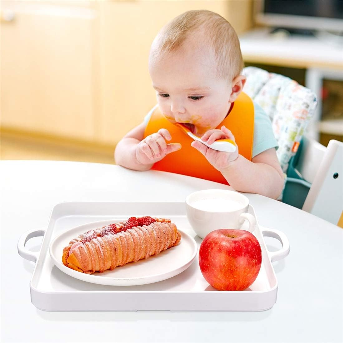 Square Serving Trays with Handles Melamine White 12.5x12.5 Inch Spill Proof Kitchen Eating Trays Set of 2 for Cafeteria Cafe Food Appeizer Dessert Snack Dinner Lunch Breakfast,TR14-02