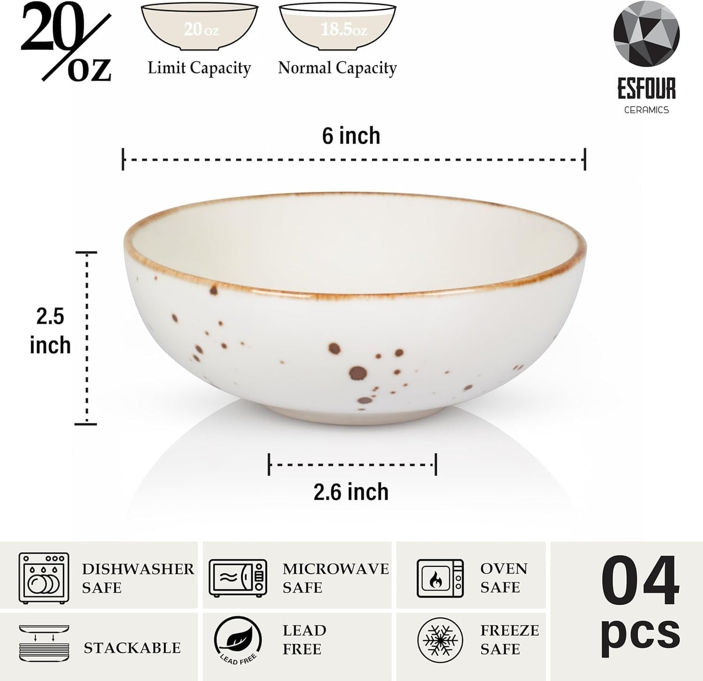 Esfour Premium Porcelain Bowl Collection | Durable, Microwave & Dishwasher Safe | Ideal for Cereal, Pasta, Salad & Desserts (Classic Assorted Color, Cereal Bowl 4pcs)