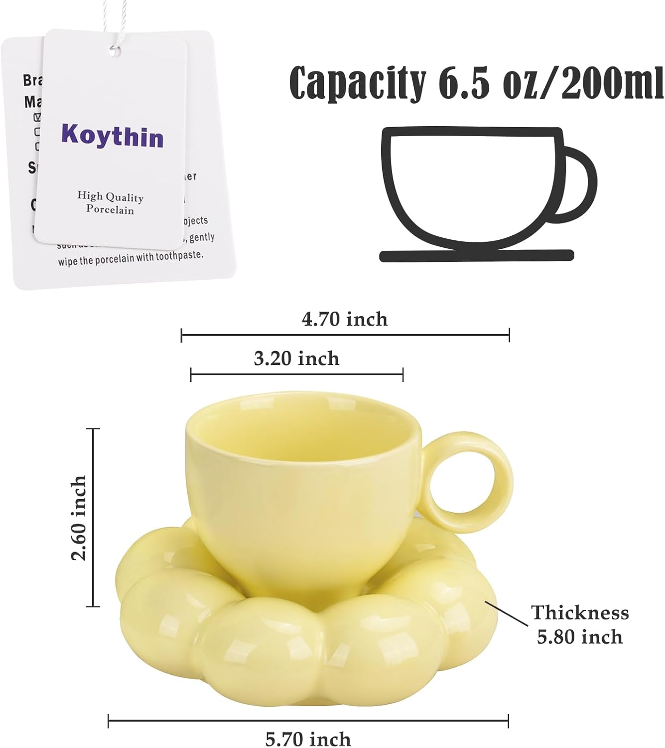 Koythin Ceramic Coffee Mug with Saucer Set, Creative Cute Cup with Sunflower Coaster for Office and Home, Dishwasher and Microwave Safe, 6.5 oz/200 ml for Tea Latte Milk (Lemon Yellow)