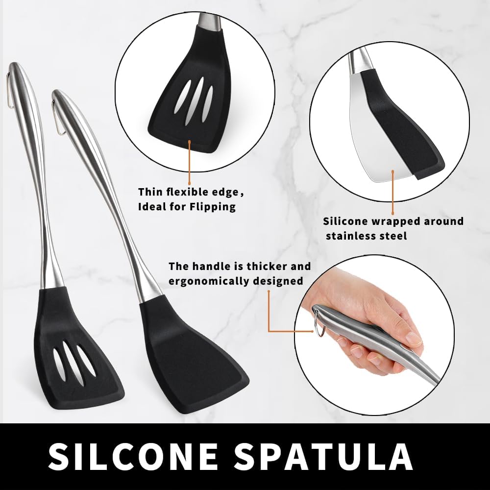 JULIPRO 2 Pack Silicone spatula set,Turner,kitchen utensils, cooking utensils,Ideal Cookware for Fish, Eggs, Pancakes,silicone spatula set