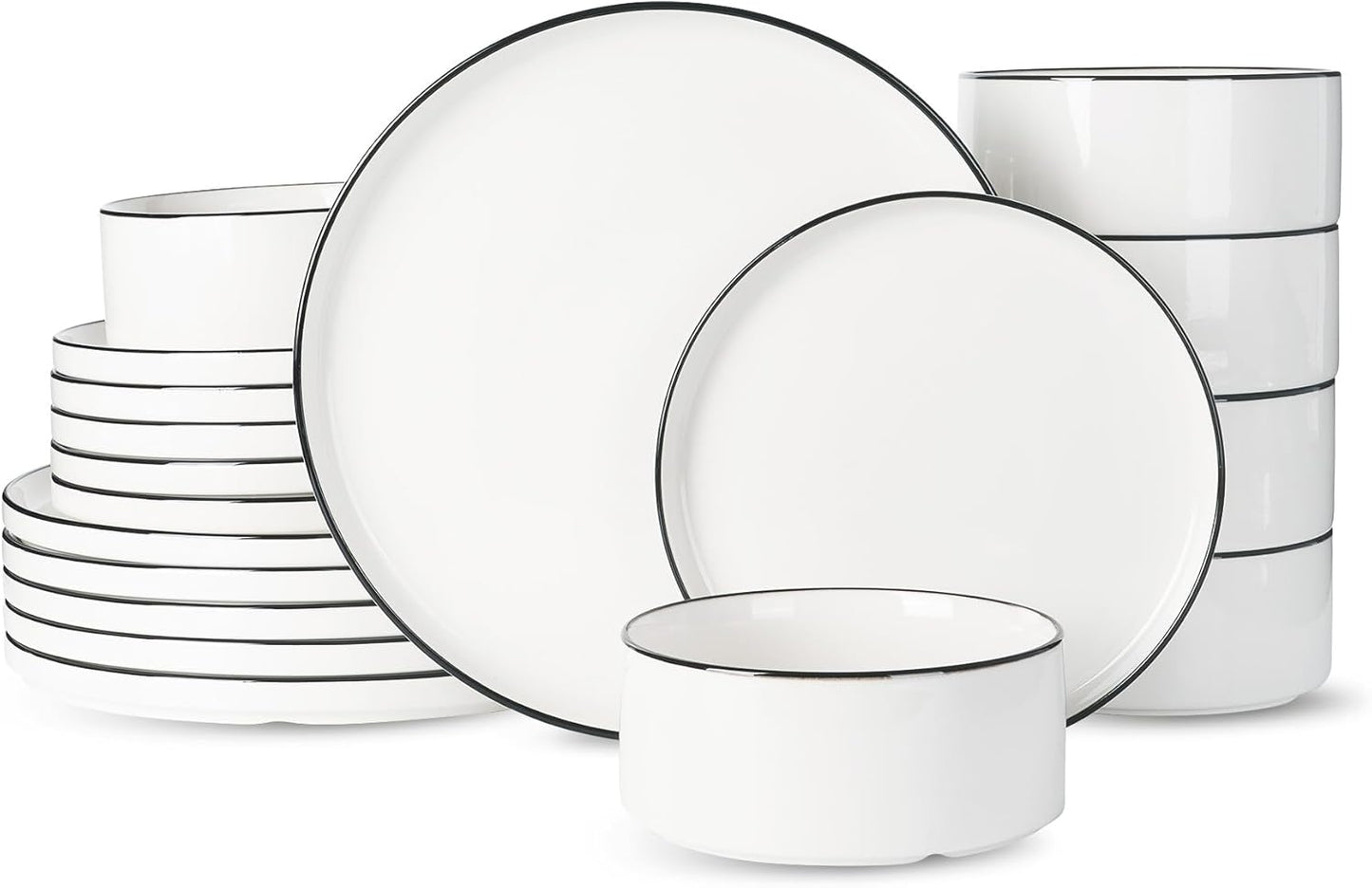 Famiware Porcelain Dinnerware Set, 18-Piece Modern Plate and Bowl Set, dish set for 6, Microwave and Dishwasher Safe Tableware, White with Black Trim