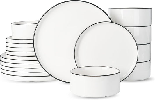 Famiware Porcelain Dinnerware Set, 18-Piece Modern Plate and Bowl Set, dish set for 6, Microwave and Dishwasher Safe Tableware, White with Black Trim