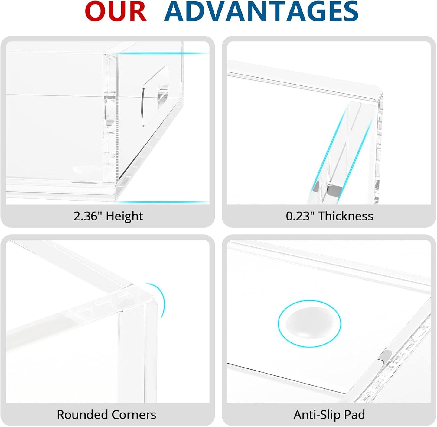 Acrylic Serving Tray with Handles-12x12x2.36Inch-Decorative Tray Letter Tray Organizer for Ottoman Coffee Table Countertop, Clear