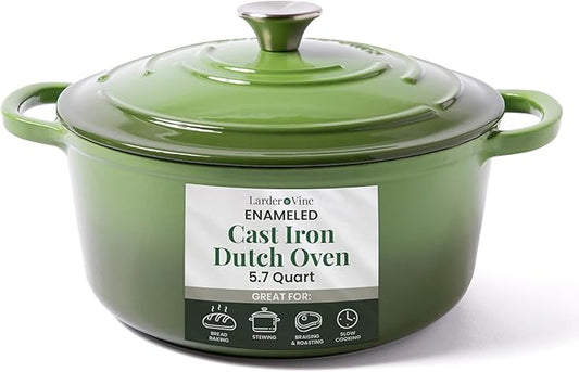 Larder & Vine Enameled Cast Iron 5.7qt Dutch Oven Pot with Lid | Bread Baking | Compatible on All Cooktops & Oven Safe to 500° F | Great for Sourdough Bread | Okra