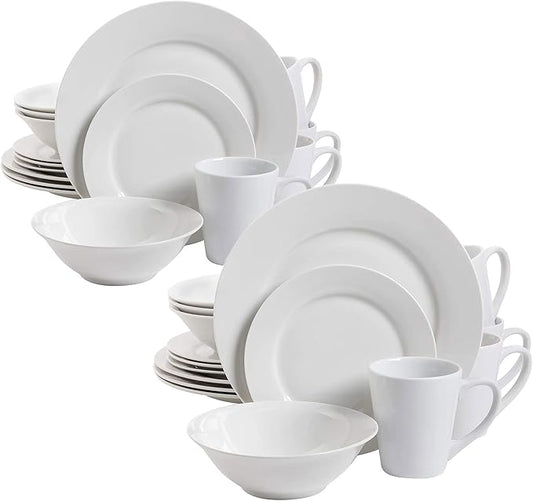 Gibson Home 102563.16RM Classic Porcelain Zen Buffet 16 Piece Round Dinnerware Set with Multi Sized Plates, Bowls, and Mugs, White (2 Pack)