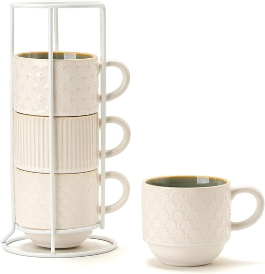 JIEMEI HOME Large Ceramic Coffee Mug Set of 4 with Stand, 15 Oz Stackable Different Embossment Ribbed Latte Cup Set for Cappuccino, Tea, Hot Cocoa, Drinks - Dishwasher & Microwave Safe, White & Green