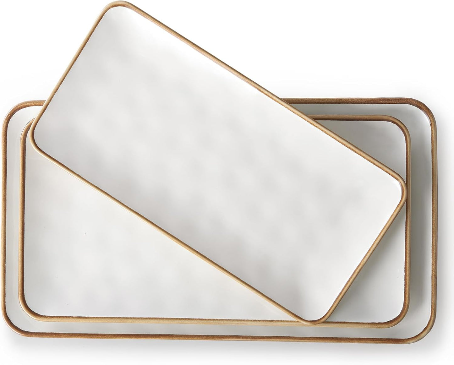 Ceramic Rectangle Serving Platter with Brown Rim: 15.6/14.1/12.6 Inch Large Serving Dishes for Entertaining Party, Turkey, Cheese, Sushi, Snack and Dessert, Microwave Dishwasher Safe