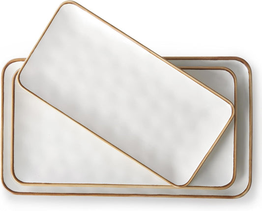Ceramic Rectangle Serving Platter with Brown Rim: 15.6/14.1/12.6 Inch Large Serving Dishes for Entertaining Party, Turkey, Cheese, Sushi, Snack and Dessert, Microwave Dishwasher Safe
