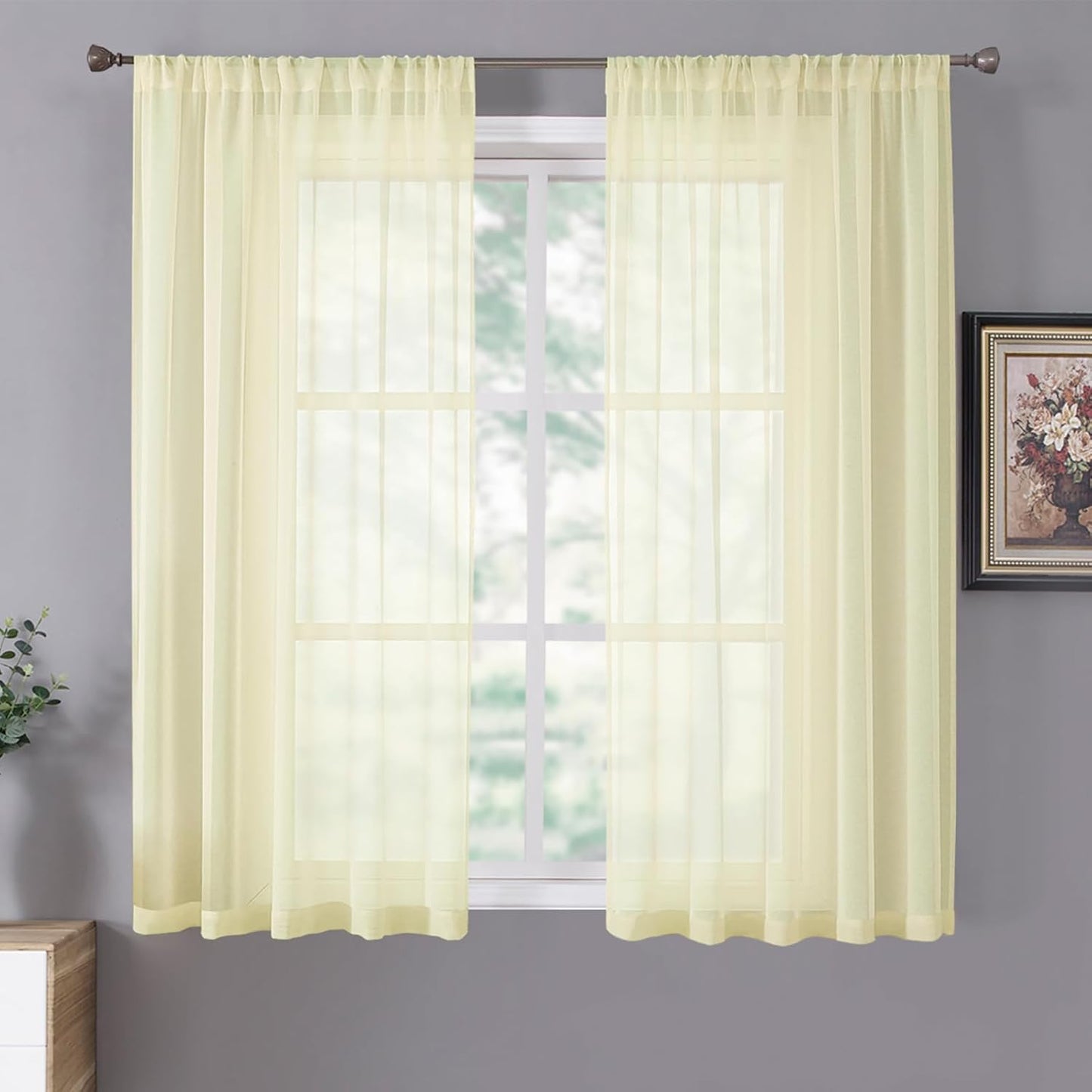 Tollpiz Short Sheer Curtains Living Room Linen Textured Curtain Sheers Light Filtering Voile Rod Pocket Curtains for Bedroom, 38 x 45 inches Long, Transparent Yellow, Set of 2 Panels