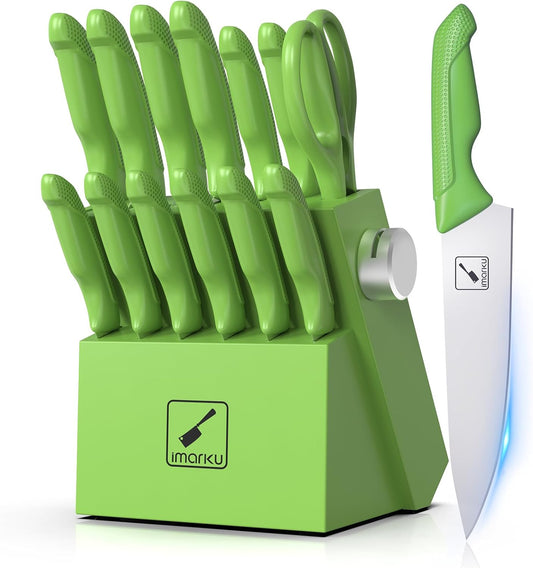 imarku® Knife Set with Block, Sharp Knife Sets with Built-in Sharpener, Japanese Stainless Steel Kitchen Knife Set with Non-Slip Ergonomic Handle, Dishwasher Safe, Best Holiday Gift, Teal Green